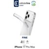 Przezroczyste etui na telefon z trzema widocznymi przyciskami bocznymi, obok którego znajduje się logo "cellularline protect" oraz symbol informujący o zawartości materiałów z recyklingu. Na dole widnieje napis "FINE" oraz "Designed for iPhone 17 Pro Max"