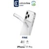 Na zdjęciu widoczne jest przezroczyste etui na telefon z trzema dużymi otworami na aparaty, obok logo "cellularline protect" oraz oznaczenie, że produkt zawiera materiały z recyklingu. Pod etui znajduje się napis "FINE", ikony przedstawiające poziom ochro