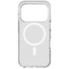 Przezroczyste etui na telefon z widocznym okrągłym wzorem MagSafe na środku. Produkt ma wycięcie na aparat w górnej części.