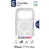 Przezroczyste etui z okrągłym wzorem na środku, przeznaczone dla Apple iPhone 17 Pro Max, z widocznymi napisami: "cellularline protect", "GLOSS MAG", oraz ikonami wskazującymi na ochronę przed żółknięciem, poziom ochrony, ochronę przed uderzeniami i ochro