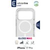Przezroczyste etui z okrągłym wzorem na środku, przeznaczone dla Apple iPhone 17 Pro, z widocznymi napisami: "cellularline protect", "GLOSS MAG", "Designed for: iPhone 17 Pro". Na opakowaniu znajdują się ikony z opisami: "Anti-Yellow", "Protection Level",
