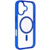 Przezroczysto-niebieskie etui na telefon z wycięciem na aparat i okrągłym wzorem na środku, przeznaczone do użytku z technologią MagSafe. Produkt ma gładkie krawędzie i otwory na przyciski boczne.
