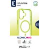 Na zdjęciu widoczne jest przezroczysto-zielone etui na telefon z napisem "cellularline protect" oraz oznaczeniem "This case contains recycled material". Na dole znajduje się napis "ICONIC MAG" oraz "Designed for: iPhone 17" z ikonami wskazującymi na ochro