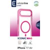 Przezroczysto-różowe etui na telefon z widocznym okręgiem MagSafe, na górze logo "cellularline protect" oraz informacja o zawartości materiałów z recyklingu. Na dole napis "ICONIC MAG" oraz "iPhone 17 Air" z ikonami wskazującymi na ochronę przed żółknięci