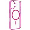 Przezroczysto-różowe etui na telefon z widocznym okrągłym wzorem i pionowym paskiem na środku. Etui ma wycięcia na przyciski i aparat.