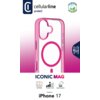 Przezroczysto-różowe etui na telefon z widocznym okręgiem MagSafe, z logo "cellularline protect" oraz oznaczeniem "This case contains recycled material". Na dole znajdują się napisy: "ICONIC MAG", "Anti-Yellow", "Protection Level", "Impact Protection" ora