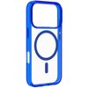 Przezroczysto-niebieskie etui na telefon z dużym okrągłym wzorem i mniejszym prostokątnym kształtem poniżej, przeznaczone do modelu Apple iPhone 17 Pro Max. Produkt posiada wycięcia na przyciski i porty.