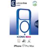 Przezroczysto-niebieskie etui na telefon z okrągłym wycięciem na MagSafe, z widocznymi napisami: "cellularline protect", "ICONIC MAG", "Designed for: iPhone 17 Pro Max" oraz ikonami oznaczającymi "Anti-Yellow", "Protection Level" i "Impact Protection". W 