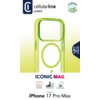 Na zdjęciu widoczne jest przezroczysto-zielone etui z okrągłym wycięciem, przeznaczone do Apple iPhone 17 Pro Max, z logo "cellularline protect" oraz napisami "ICONIC MAG" i "Designed for: iPhone 17 Pro Max". W prawym górnym rogu znajduje się symbol infor
