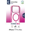 Przezroczysto-różowe etui na telefon z widocznym okręgiem MagSafe, z logo "cellularline protect" oraz oznaczeniem "This case contains recycled material". Na dole znajdują się napisy: "ICONIC MAG", "iPhone 17 Pro Max", oraz ikony z opisami: "Anti-Yellow", 