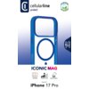 Na zdjęciu znajduje się opakowanie etui CELLULARLINE Iconic MagSafe do Apple iPhone 17 Pro w kolorze przezroczysto-niebieskim. Widoczne są napisy: "cellularline protect", "ICONIC MAG", "Designed for: iPhone 17 Pro", oraz ikony z opisami: "Anti-Yellow", "P
