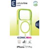 Na zdjęciu znajduje się opakowanie etui CELLULARLINE Iconic MagSafe do Apple iPhone 17 Pro w kolorze przezroczysto-zielonym. Widoczne są napisy: "cellularline protect", "ICONIC MAG", "Designed for: iPhone 17 Pro", oraz ikony z opisami: "Anti-Yellow", "Pro