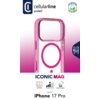 Przezroczysto-różowe etui CELLULARLINE Iconic MagSafe do Apple iPhone 17 Pro jest przedstawione na tle z gradientem, z widocznymi napisami: "cellularline protect", "ICONIC MAG", "iPhone 17 Pro", oraz ikonami oznaczającymi funkcje: "Anti-Yellow", "Protecti