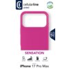 Różowe etui na telefon z dużym otworem na aparat, na białym tle z logo "cellularline protect" oraz napisami: "SENSATION", "iPhone 17 Pro Max". Widoczne są ikony z opisami: "Soft Touch", "Protection Level", "Soft Microfiber", "Corner Protection", a także i