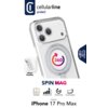 Przezroczyste etui z funkcją obrotowego pierścienia 360 stopni, zaprojektowane dla iPhone 17 Pro Max, z widocznymi ikonami: Anti-Yellow, Protection Level, Rotatable Ring, Corner Protection. Logo "cellularline protect" znajduje się w lewym górnym rogu, a p