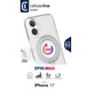 Przezroczyste etui z funkcją MagSafe do iPhone 17, z obrotowym pierścieniem 360 stopni, widoczne na tle z logo "cellularline protect". Na dole znajdują się ikony: "Anti-Yellow", "Protection Level", "Rotatable Ring", "Corner Protection" oraz napis "Designe