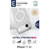 Przezroczyste etui CELLULARLINE Ultra Strong MagSafe do Apple iPhone 17 Air jest przedstawione na tle z logo producenta i oznaczeniami, takimi jak "The Strongest Protection" oraz "This Case Contains Recycled Material". Na dole widoczne są ikony z opisami: