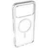 Przezroczyste etui z wyraźnym okręgiem na środku, przeznaczone do telefonu, z widocznymi wzmocnieniami na krawędziach. Produkt jest kompatybilny z technologią MagSafe.