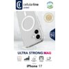 Na zdjęciu znajduje się przezroczyste etui z napisem "cellularline protect" oraz oznaczeniami "The Strongest Protection" i "This Case Contains Recycled Material". Na dole widnieje napis "ULTRA STRONG MAG" oraz ikony z opisami: "Anti-Yellow", "Protection L
