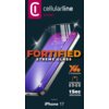 Na zdjęciu widoczna jest grafika reklamowa szkła hartowanego CELLULARLINE Xtreme Glass do iPhone 17, z dużym napisem "FORTIFIED" oraz informacjami "X4 STRONGER", "FORTIFIED EDGE", "1Sec PROFESSIONAL APPLICATION". W tle znajduje się ilustracja telefonu z n