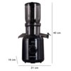 Na zdjęciu widoczna jest czarna wyciskarka wolnoobrotowa z logo "eldom" oraz napisem "perfect juicer" na przedniej części. Wymiary urządzenia to 40 cm wysokości, 21 cm szerokości i 18 cm głębokości.