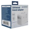 Pudełko z adapterem podróżnym marki Gembird, z widocznym napisem "Universal travel adapter" oraz specyfikacją techniczną, w tym informacjami o napięciu i prądzie. Na opakowaniu znajduje się również kod kreskowy oraz oznaczenie "Made in China".