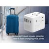 Na zdjęciu znajduje się niebieska walizka na kółkach oraz biały adapter podróżny z logo "gembird" i napisem "70W GaN technology". Na dole widnieje tekst: "Universal travel power adapter with 5 fast charging USB ports".