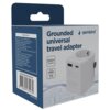 Opakowanie adaptera podróżnego marki Gembird z napisem "Grounded universal travel adapter" oraz informacją o kompatybilności z ponad 200 krajami. Na opakowaniu widoczne są specyfikacje techniczne, kod kreskowy oraz oznaczenie "Made in China".
