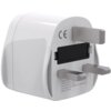 Biały adapter podróżny z trzema metalowymi bolcami, oznaczony symbolem CE. Na powierzchni widoczny jest tekst: "Model: B3000, Ratings: 250V~10A, Indoor use only IP20, Compliant with: BS8546, IEC60884-2-5, Made in China".