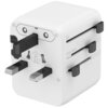 Biały adapter podróżny z wysuwanymi wtyczkami oznaczonymi jako EU, USA/AUS i UK, posiada również napis "SPARE FUSE" oraz symbole "AUS" i "USA/JP". Adapter ma prostokątny kształt z zaokrąglonymi krawędziami.