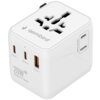 Biały adapter podróżny z logo "gembird" na górze, posiadający uniwersalne gniazdo oraz trzy porty USB oznaczone jako USB-C1, USB-C2 i USB-A. Na boku widnieje napis "20W GaN III Tech" oraz "US/AU JP Socket".