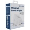 Pudełko z adapterem podróżnym marki Gembird, z napisem "Universal travel adapter" oraz informacją "200+ countries". Na opakowaniu widoczne są specyfikacje techniczne oraz ilustracja adaptera z różnymi wtyczkami.
