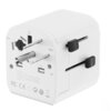 Biały adapter podróżny z różnymi wtyczkami oznaczonymi jako CN, USA, N i UK, posiada widoczne napisy: "M/N: 1651", "Input: 100-250V~10A Max. 2500W Max.", "USB Output: 5V D.C. 2.4A 12.0W Max.", "Compliant with BS8546:2016/AS/NZS 3122:2015", "Made in China"