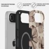 Etui BURGA Tough MagSafe do Apple iPhone 17 Air Barely Yours przedstawione jest w dwóch częściach: wewnętrznej silikonowej i zewnętrznej twardej z kwiatowym wzorem. Na zdjęciu widnieją napisy: "DWUWARSTWOWA OCHRONA", "SILIKONOWE WNĘTRZE", "TWARDa OBUDOWA 