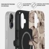 Na zdjęciu widoczne jest etui na telefon z dwuwarstwową ochroną, składające się z silikonowego wnętrza i twardej obudowy zewnętrznej z kwiatowym wzorem. Obok etui znajduje się telefon z dwoma obiektywami aparatu, a na zdjęciu umieszczono tekst: "DWUWARSTW