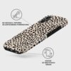 Etui BURGA Tough MagSafe do Apple iPhone 17 Almond Latte z wzorem w czarne plamki na beżowym tle, z widocznymi napisami: "Błyszcząca, odporna na zarysowania powierzchnia" oraz "Dostęp do wszystkich gniazd".