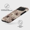 Etui na telefon z kwiatowym wzorem w odcieniach beżu i brązu, z trzema wycięciami na aparaty oraz tekstem: "Błyszcząca, odporna na zarysowania powierzchnia" i "Dostęp do wszystkich gniazd".