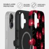 Etui BURGA Tough MagSafe do Apple iPhone 17 Cherrybomb przedstawione jest w dwóch częściach: wewnętrznej silikonowej i zewnętrznej twardej z wzorem czerwonych wiśni na czarnym tle. Na zdjęciu widnieją napisy: "DOUBLE LAYER PROTECTION", "SILICONE INTERIOR"