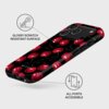 Etui na telefon z wzorem czerwonych wiśni na czarnym tle, z widocznym napisem "BURGA". Obok etui znajdują się opisy: "GLOSSY SCRATCH RESISTANT SURFACE" oraz "ALL PORTS ACCESSIBLE".