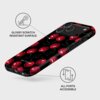 Etui na telefon z czarnym tłem ozdobione czerwonymi wisienkami, z widocznym napisem "BURGA". Obok etui znajdują się opisy: "GLOSSY SCRATCH RESISTANT SURFACE" oraz "ALL PORTS ACCESSIBLE".