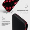 Etui z motywem czerwonych wiśni na czarnym tle, z widocznym logo "BURGA". Tekst na zdjęciu: "SHOCK ABSORPTION Silicone interior protects your device during falls." oraz "RAISED BEZELS Raised 2mm bezels for screen and camera protection."