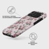 Etui na telefon z różowym wzorem kwiatowym, z trzema wycięciami na aparaty, opisane jako "Błyszcząca, odporna na zarysowania powierzchnia" oraz "Dostęp do wszystkich gniazd".