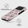 Etui na telefon z różowym wzorem kwiatowym, z trzema wycięciami na aparaty, opisane jako "Błyszcząca, odporna na zarysowania powierzchnia" oraz "Dostęp do wszystkich gniazd". Na etui widoczne jest logo "BURGA".