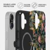 Etui BURGA Tough MagSafe do Apple iPhone 17 Bloomy Garden przedstawione jest w trzech warstwach: zewnętrzna z kwiatowym wzorem, wewnętrzna silikonowa oraz telefon z dwoma aparatami. Na zdjęciu widnieją napisy: "DOUBLE LAYER PROTECTION", "SILICONE INTERIOR