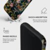 Etui z kwiatowym wzorem jest pokazane w dwóch ujęciach, z tekstem: "SHOCK ABSORPTION Silicone interior protects your device during falls." oraz "RAISED BEZELS Raised 2mm bezels for screen and camera protection."