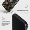 Etui z kwiatowym wzorem leży na powierzchni z pęknięciami, obok widoczny jest tekst: "SHOCK ABSORPTION Silicone interior protects your device during falls." oraz "RAISED BEZELS Raised 2mm bezels for screen and camera protection."
