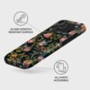 Etui na telefon z kwiatowym wzorem, z widocznymi trzema otworami na aparaty oraz przyciskami bocznymi, posiada oznaczenia: "GLOSSY SCRATCH RESISTANT SURFACE" i "ALL PORTS ACCESSIBLE". Na etui widoczne jest logo "BURGA".
