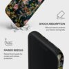 Etui z kwiatowym wzorem leży na powierzchni z pęknięciami, obok widoczny jest tekst: "SHOCK ABSORPTION Silicone interior protects your device during falls." oraz "RAISED BEZELS Raised 2mm bezels for screen and camera protection."
