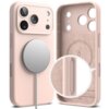 Na zdjęciu widoczne jest różowe etui na telefon z trzema otworami na aparaty oraz okrągłym elementem magnetycznym. Wewnątrz etui znajduje się napis: "Designed by Ringke".