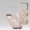 Różowe etui do telefonu z widocznym napisem "LIQUID SILICONE" oraz schematem okręgu na wewnętrznej stronie, obok przezroczystej osłony. Na dole etui znajduje się tekst: "LIQUID SILICONE + POLYCARBONATE + SUEDE = RINGKE Silicone Case" oraz "QUALITY + DETAI